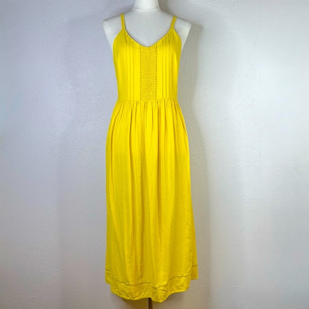 Linen Spaghetti Strap MIDI Dress Cami Eyelet Yellow Size Medium